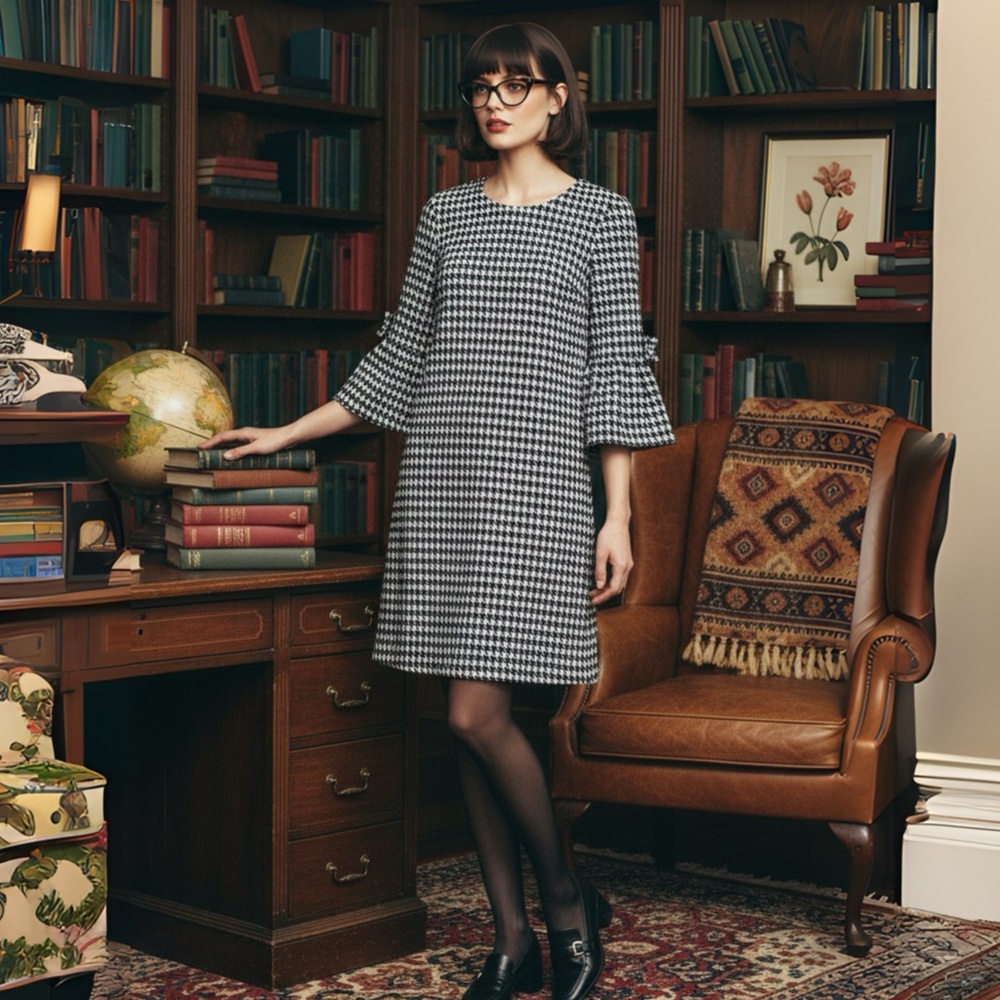 Tyler Boe Houndstooth Dress Bell Sleeve Bow Detail Black White Small (S)